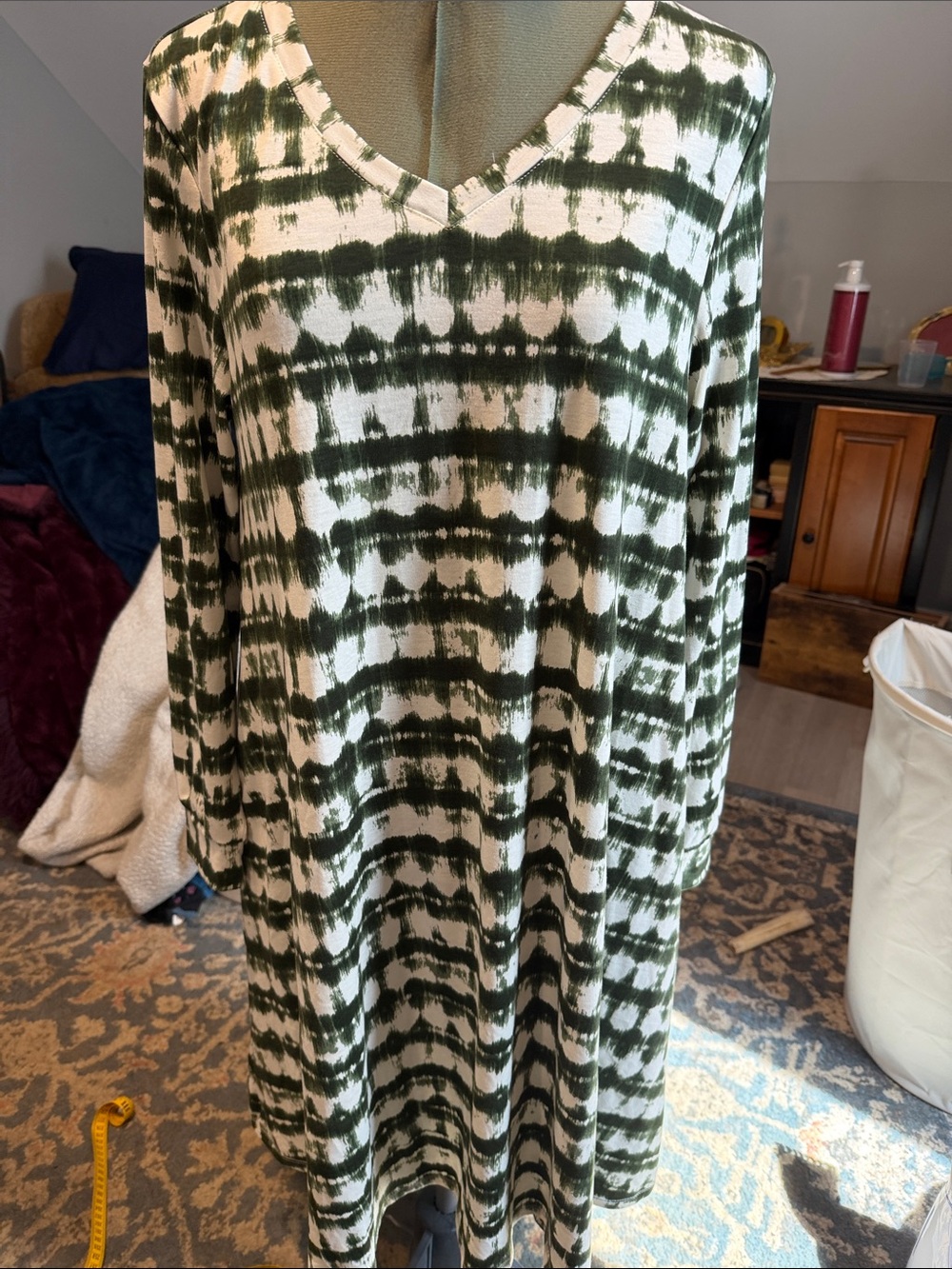 LuLaRoe Emily Long Sleeve V-Neck Tie-Dye Dress — Green & White